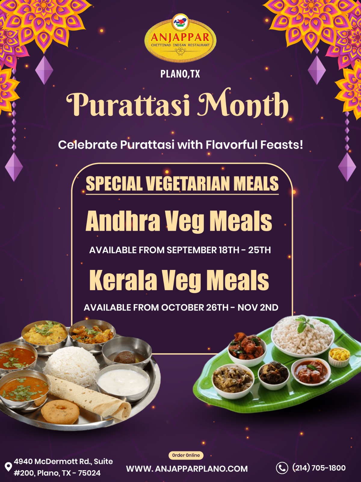 Celebrate Purattasi at Anjappar Plano with authentic Andhra Veg Meals